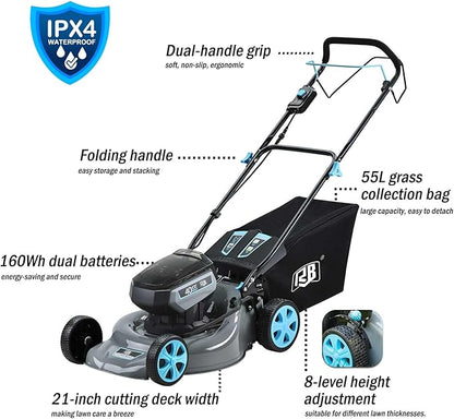 RB 80V Battery Power Lawn Mower 18” Cordless 7 Cutting Heights Adjustable Lawnmower Brushless Motor Low Noise 4 in 1 Push Mower with Fast Charger and 2 x40V 4.0AH Battery
