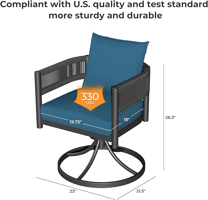 Grand patio Outdoor Dining Chair Set of 2, 2 Pieces Patio Dining Chairs, Metal Woven Wicker Swivel Patio Chairs with Peacock Blue Cushions for Backyard, Deck, Garden, Porch, Lawn and Poolside (Brown)
