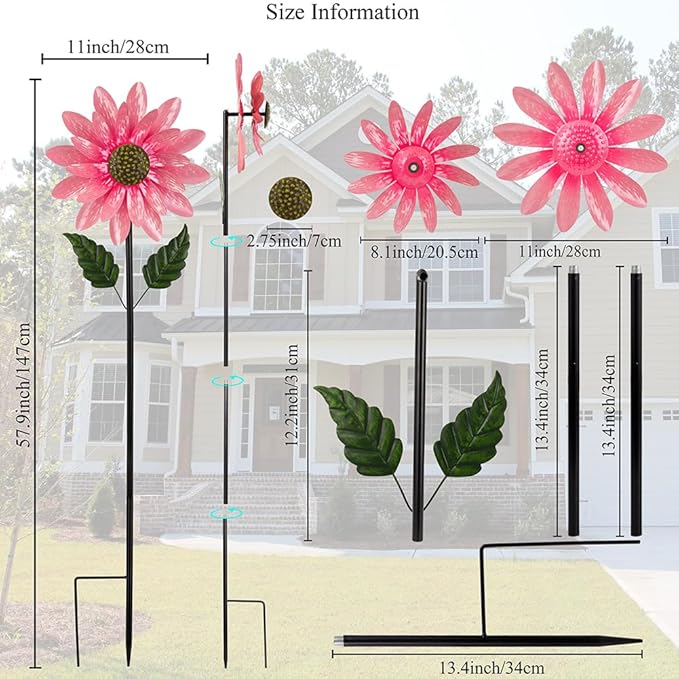 Viveta Wind Spinner Outdoor, Decorative Wind Sculpture wtih Sturdy Stake,Pink Pinwheels for Yard and Garden