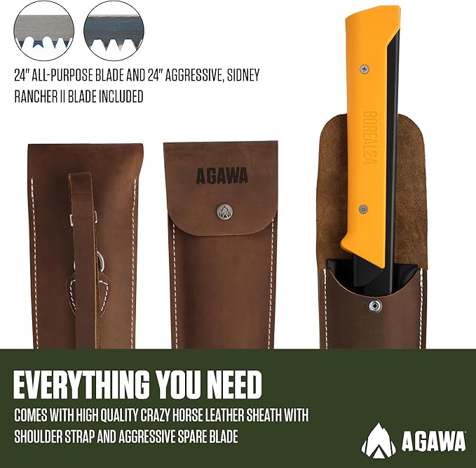 AGAWA - BOREAL24 Backwoods Kit - Includes 24" Folding Saw, Leather Sheath, 24" All-Purpose & 24" Aggressive Saw Blade - For Camping, Hunting & Survival Kit (Black Frame/Yellow Handle)