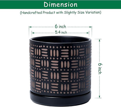 D'vine Dev Set of 2 Ceramic Planter Pots with Drainage Hole and Saucer, 6 Inch Plant Pots for Plants Indoor Houseplants, Black, 99-Z-F-2-Y