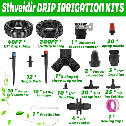 240-Ft Drip Irrigation Kit Automatic Garden Watering Plant System Kit, Greenhouse Irrigation Kit, Patio Sprinkler System for Outdoor Raised Bed Plants with 1/2in,1/4in Hose