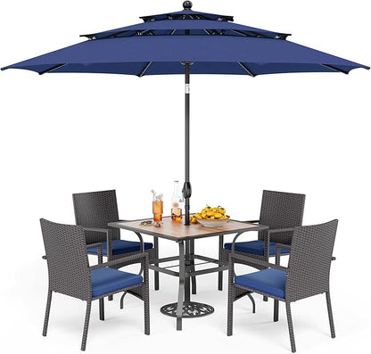 PHI VILLA 5 Piece Outdoor Dining Set with Umbrella for 4, 37" Square Metal Wood-top Dining Table & Wicker Rattan Chairs with Cushions & 10ft Blue Umbrella for Patio, Deck, Backyard, Porch