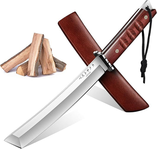 Japanese Fixed Blade Knife - Tanto Knives with Wooden Sheath - Survival Knives with Full Tang Handle - Bushcraft knives for Camping Outdoor, Gifts for Men