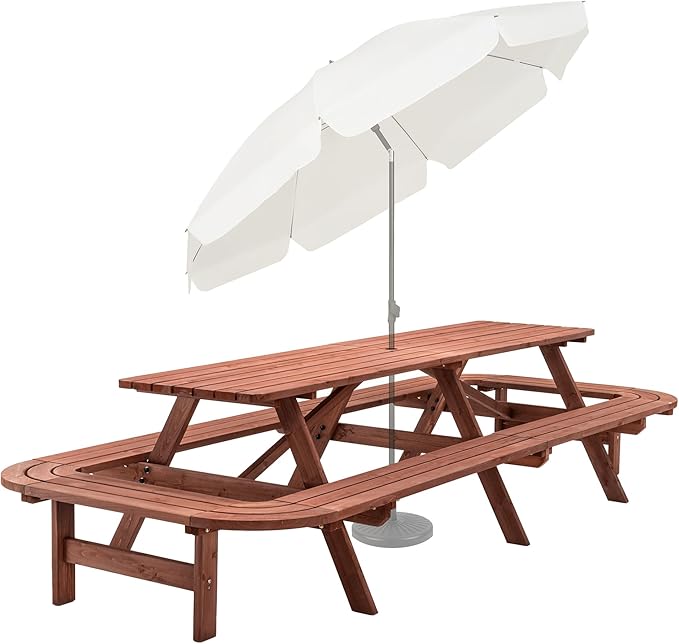 16-Person Picnic Table Set with Attached Benches & Umbrella Hole,Rectangle Brown Outdoor Wood Dining Table & Chairs for Patio Yard Garden Porch Deck