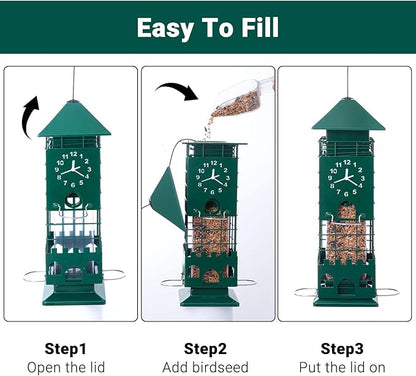 Squirrel Proof Bird Feeders Metal Mesh Anti Squirrels Wild Bird Feeder for Outdoors Hanging Weight Activated Waterproof for Finch Cardinal and Chickadee Easy to Fill, Decor Backyard (Green)