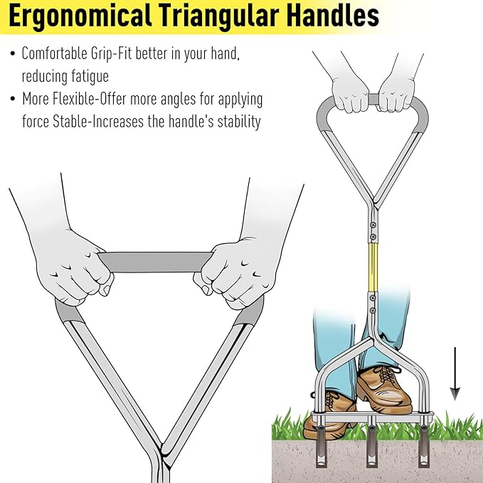 JARDINEER Manual Push Lawn Aerator Coring Tool, Plug Aerators with 3 Hollow Tine, 5-Inch Deep Yard Aeration Tool, Soil Core Aerators with Wider Handle
