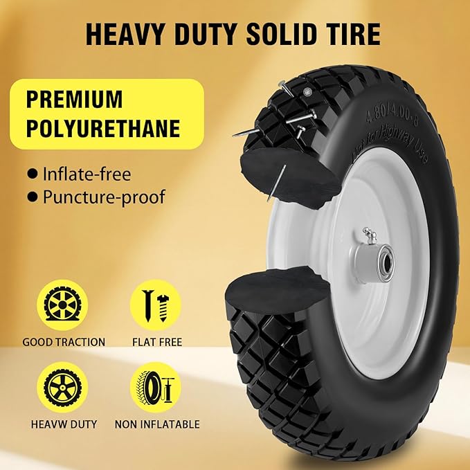 4.80/4.00-8" Tire and Wheel Flat Free 2 PCS, 16" Solid Wheelbarrow Tire with 5/8" & 3/4" Bearings,3"-7" Centered Hub, 14"-16" Universal Fit for Hand Truck/Garden Trailer/Trolley/Wagon