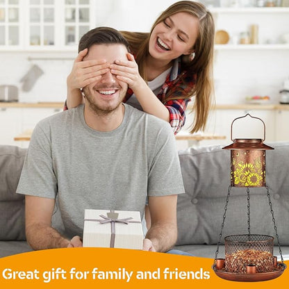 Butterfly Solar Bird Feeder for Outdoor Hanging Gifts for Women Mom Sunflower Metal Wild Birdfeeder Garden Lantern Decor Lanterns Outside for Yard Patio Lawn Pathway Landscape