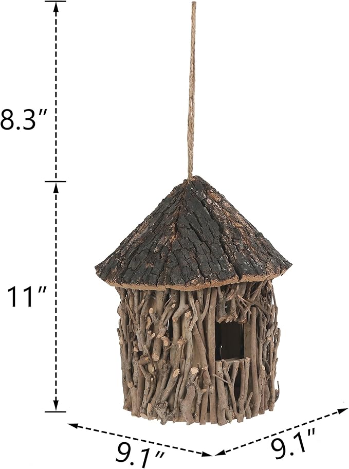 Twig-Covered Cylinder Birdhouse, 2.4" Entry for Medium Birds, Natural Branch Exterior & Waterproof Interior, Woodland Garden Backyard Decor