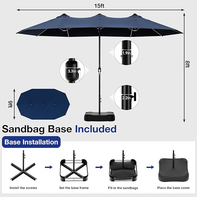 Joyside 15FT Large Patio Umbrella with Base Included, Outdoor Double Sided Umbrella, Rectangle Umbrella with Crank Handle, 12 Sturdy Ribs for Deck, Porch and Pool
