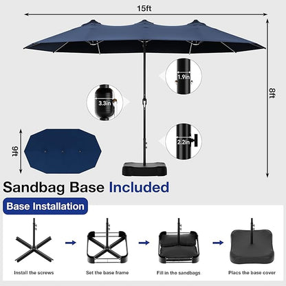 Joyside 15FT Large Patio Umbrella with Base Included, Outdoor Double Sided Umbrella, Rectangle Umbrella with Crank Handle, 12 Sturdy Ribs for Deck, Porch and Pool