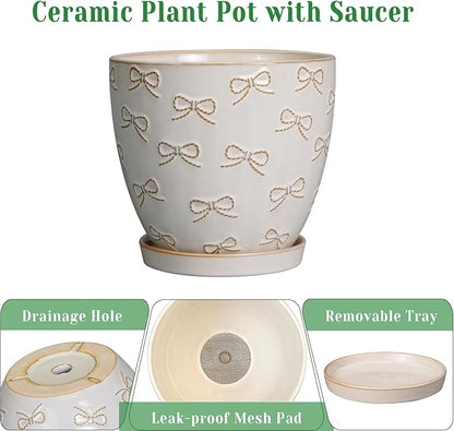 Ceramic Plant Pot 6.9 Inch - Ceramic Planter with Drainage Hole and Saucer Round Planter Flower Pot for Indoor Plants Outdoor Home Garden Office Decor White