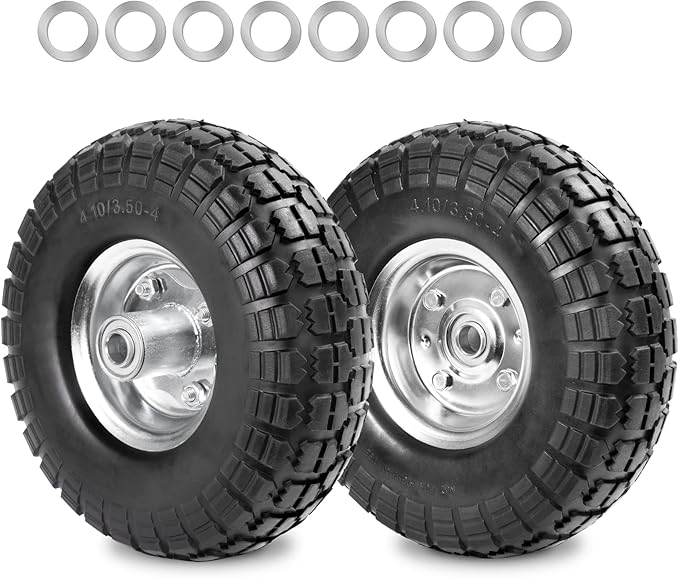 4.10/3.50-4 Tire Wheels Flat Free 10" Heavy Duty Solid Flat-Free Replacement Tire with 5/8 Axle Compatible with Gorilla Carts, Wheelbarrow, Dolly, Hand Truck (2-Pack)