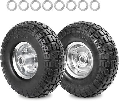 4.10/3.50-4 Tire Wheels Flat Free 10" Heavy Duty Solid Flat-Free Replacement Tire with 5/8 Axle Compatible with Gorilla Carts, Wheelbarrow, Dolly, Hand Truck (2-Pack)