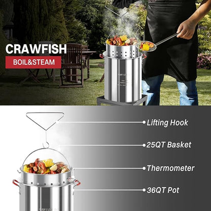 36QT Outdoor Fryer | Turkey Deep Fryer | Seafood Boil Pot | Cover & Skimmer Included | 50,000BTU Propane Burner | Aluminum Deep Fryer Pot with Basket | Crab, Seafood & Crawfish Boiler