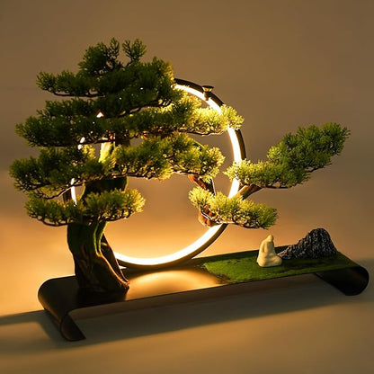 Artificial Bonsai Pine Tree Faux Realistic Simulation Bonsai with LED Lamp Ring Fake Plants Desk Table Decor for Home Office Indoor