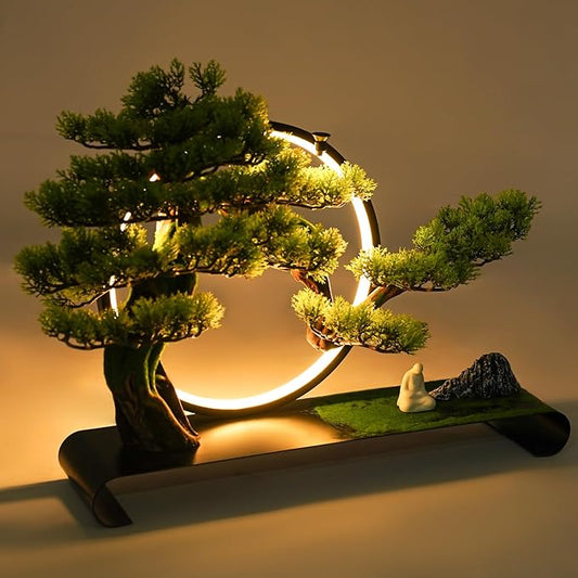 Artificial Bonsai Pine Tree Faux Realistic Simulation Bonsai with LED Lamp Ring Fake Plants Desk Table Decor for Home Office Indoor