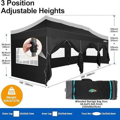 COBIZI 10x30 Pop up Canopy Tent 10x30 Canopy with 8 Sidewalls Waterproof Heavy Duty Commercial Tent for Parties Outdoor Garden Gazebo, Carry Bag with Wheel(10x30ft, Black)