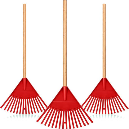 Macarrie Pack of 3 Kids Rakes with Hardwood Handle Lawn Garden Rake for Kids Gifts to Sweep Fall Leaves in Lawn and Tidying up The Garden Made of Wood and Plastic, 34.6 Inch(Red)