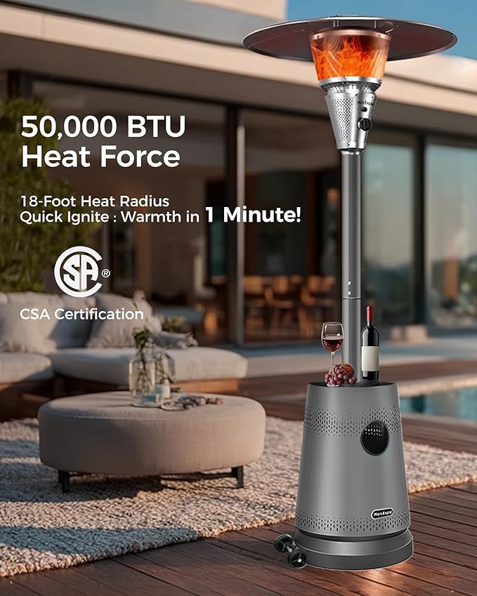 50,000 BTU Patio Heater for Outdoor Use, Portable Propane Patio Heater with Wheels, Stainless Steel Burner for Porch Deck Garden (Basic Black)