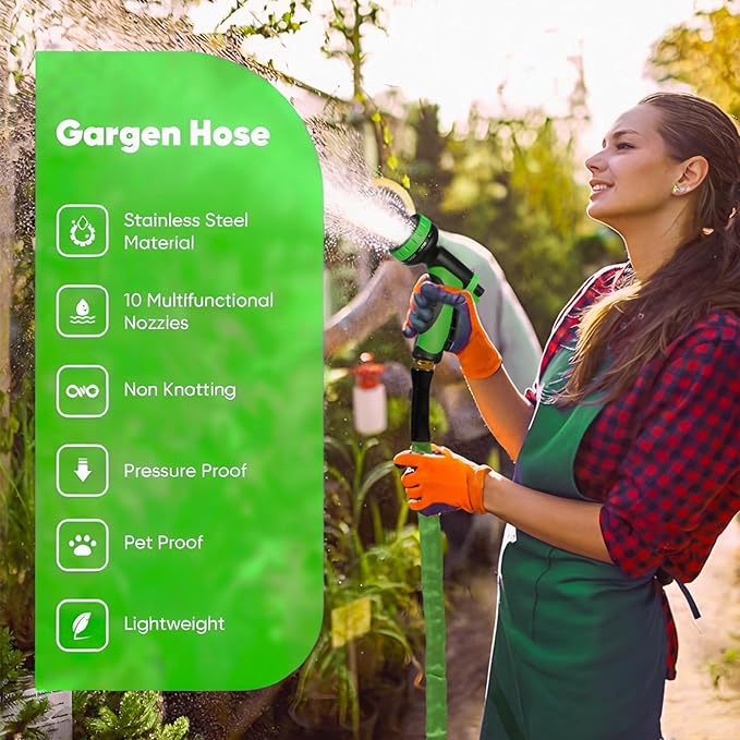 Garden Hose 25 FT,Non-Expanding,10 Functional Nozzles,Garden Hose Anti-Kink,Heavy Duty Flexible Water Hose 25 FT,Suitable for Outdoor,Yard, Lawn, Car Washing and Other Scenes. (green, 25ft)