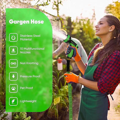Garden Hose 50 FT,Non-Expanding,10 Functional Nozzles, Garden Hose Anti-Kink,Heavy Duty Flexible Water Hose 50 FT,Suitable for Outdoor, Yard, Lawn, Car Washing and Other Scenes.(green, 50ft)