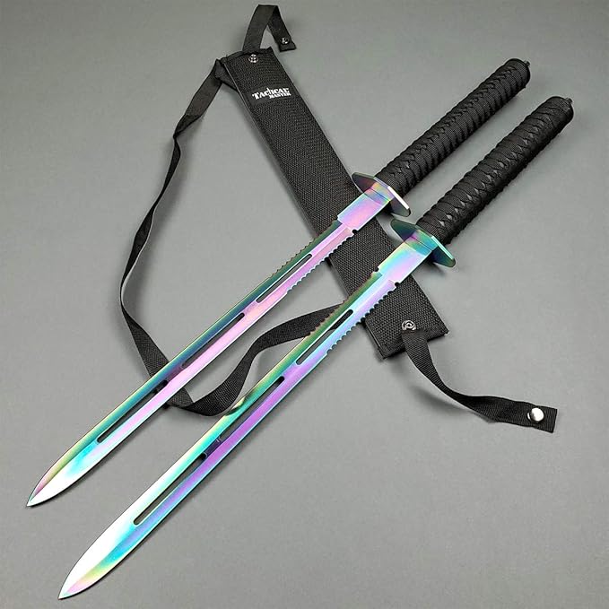 25" Twin Fixed Blade Machetes Set. Spear Style Stainless Steel Blade. for Camping, Hunting, Outdoor Activit Use, Collection, Gift (Rainbow)