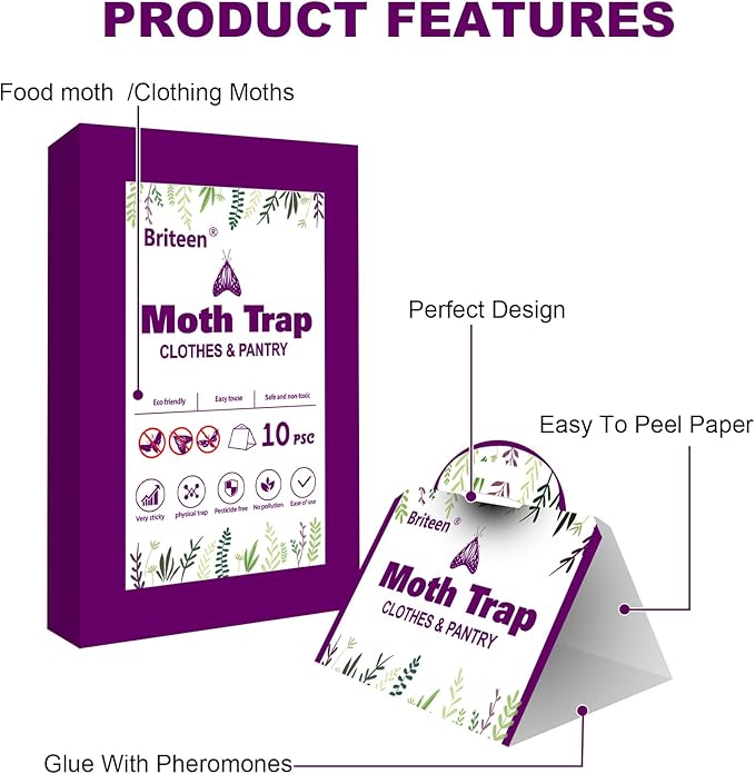 Pantry Moth Traps 10-Pack Safe and Effective for Food and Clothing- Glue Traps with Pheromones for Wool Closet Carpet Food and Cupboard K07