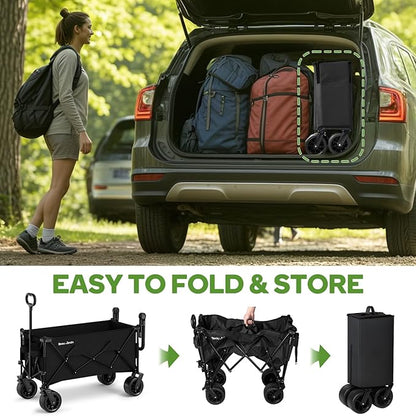 BEAU JARDIN Folding Push & Pull Beach Wagon 500 lbs Collapsible Foldable Wagons with Push Handle All Terrain Wheels Grocery Utility Camping Sports Garden Wagon Cart Black