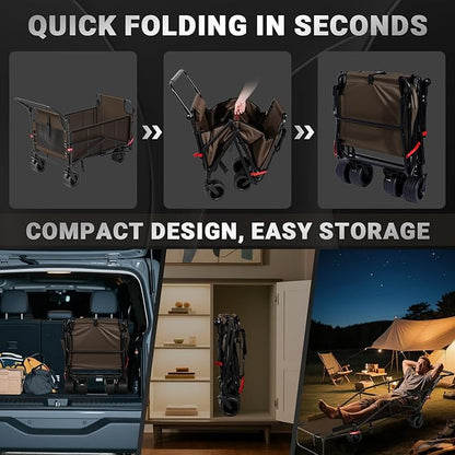LEVELEVE Heavy Duty Folding Wagon - 2-in-1 Collapsible Cart, 650lb Capacity, All-Terrain Wheels w/Brakes & Side Pockets