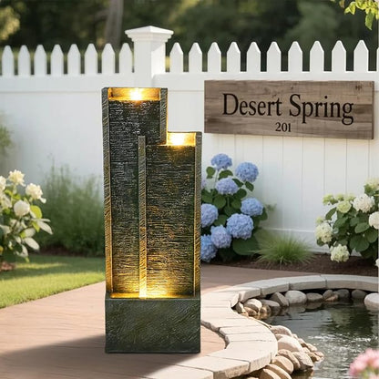 35.4" H Modern Indoor Outdoor Waterfall Fountain with Gentle Sound, Resin Garden Water Fountain Outdoor with Lights, Black Stream Panel Floor-Standing Garden Feature for Patio, Balcony, or Home Decor