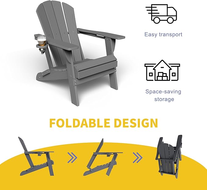 Kingdura Foldable Adirondack Chair, Portable HDPE All Weather Resistant Outdoor Patio Chair, Wooden Textured with Cup Holder, 380LBS Capacity for Poolside, Backyard, Deck, Fire Pit (Grey)