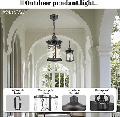 Large Hanging Porch Light 12.4 Inch Dusk to Dawn Outdoor Pendant Light with Water Ripple Glass Waterproof Outdoor Hanging Lantern Light with Adjustable Chain E26 Socket