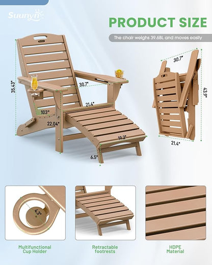Folding Adirondack Chairs Set of 2,Adirondack Chair with Retractable Ottoman,Plastic Adirondack Chairs with 2 Cup Holder,Weather Resistant Patio Chair,Outdoor Chairs Set of 2(Teak)