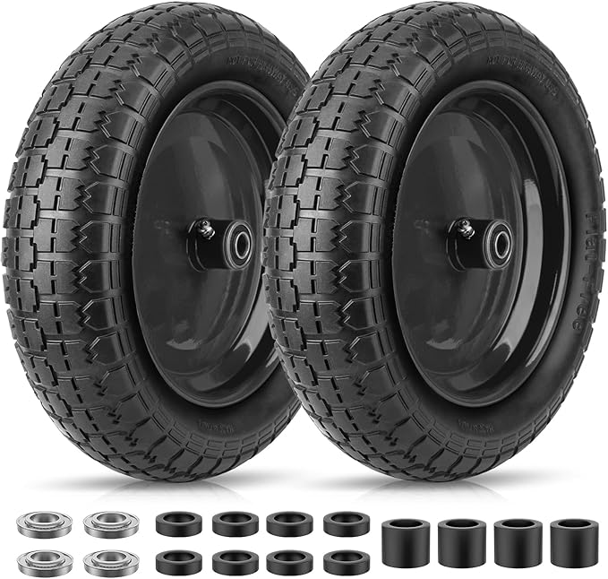 TICONN 4.80/4.00-8 Tire, 16" Flat Free Wheelbarrow Tire and Wheel, Solid Replacement Tires, 5/8" 3/4" Bearings, Universal Fit 4.80/4.00-8, 3.50/3.00-8, 4.00-6 (16" Black, 2PK)