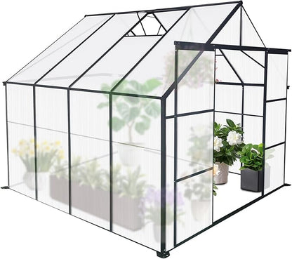 Favfurish 8X8 FT Greenhouses for Outdoors,Polycarbonate Greenhouse, Aluminum Heavy Duty Walk-in Green Houses, Adjustable Roof, Raised Base and Double Sliding Door for Outside Backyard, Black