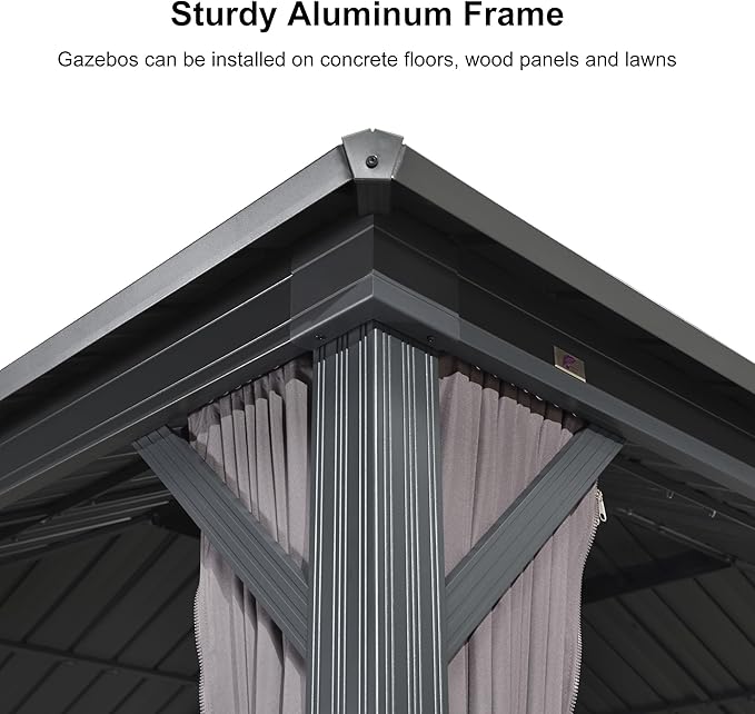 PURPLE LEAF 12'x14' Hardtop Gazebo with Lights Double Roof on Galvanized Steel Frame Outdoor Pavilion Including Netting and Curtains for Patio Garden Deck Grey