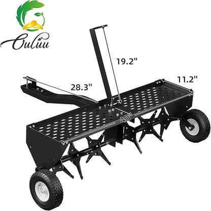 40" Lawn Aerator Tow Behind, Pull Behind Aerator with Universal Hitch, 24 Galvanized Steel Tines, Tray and Pneumatic Tires, Plug Behind Aerator is Suitable for Gardens, Lawns and Farms