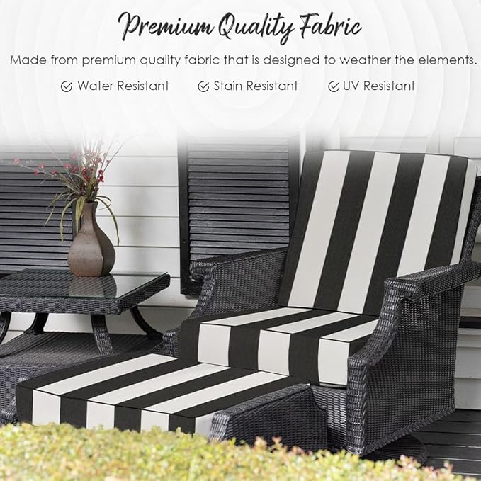 RSH DECOR: Deep Seating Cushion with Pillow Back | 25” x 25” Seat | Water and Fade-Resistant Spun Fabric | Outdoor Chair Cushion Set for Patio Furniture | Black & White Stripe
