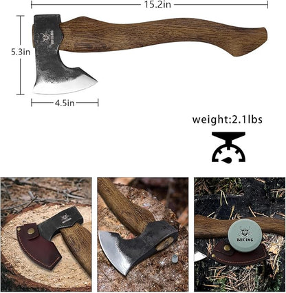 Camping Hatchet - 15.2 inches Chopping Axe for Wood Splitting and Kindling, 1065 High Manganese Steel and Beech Wooden Handle, with Leather Sheath