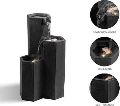 27.95" H Outdoor Water Fountain Made with Eco-Friendly Recyclable Materials, Polyethylene Cascading Waterfall Fountain, Garden Waterfall Decor with LED Light & Pump for Patio, Backyard