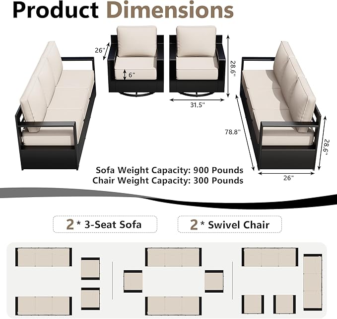 Outdoor Patio Furniture Set, 4-Piece Aluminum Patio Conversation Set All-Weather Metal Outdoor Sectional with 6 Inch Thick Cushions, Deep Setting for Garden, Outside and Porch