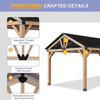 CHARMELEON Wood Gazebo 10x12 FT – Hardtop Metal Roof Patio Cedar Gazebo with Wood Frame for Outdoor– Gable Roof Pavilion para Patio, Backyard, Deck, Lawn and Garden