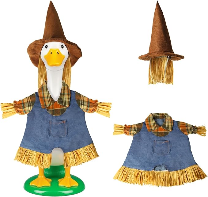 Fall Scarecrow Porch Goose Outfits for 23" Lawn Statue - Cute Hat & Clothes Set for Concrete/Plastic/Cement Goose, Seasonal Autumn Costume for Garden Yard Patio Decor