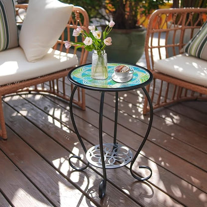 HONGLAND Mosaic Outdoor Side Table, 14" Round Patio Side Table, Mosaic Plant Stand, End Table W/Storage Shelf, Small Bistro Coffee Table for Garden Yard Porch Living Room(Green)
