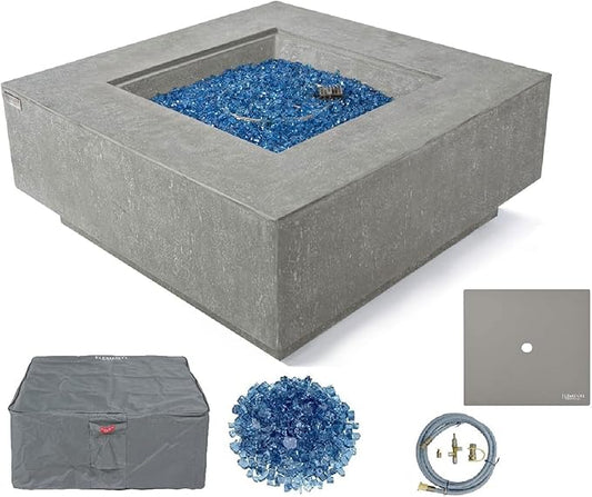 Elementi+ | Victoria Gas Fire Pit Cast Concrete 40" Square Fire Table, Outdoor Fire Pit Electronic Ignition | Canvas Cover, Fire Glass and Burner Lid Included | Light Gray | Natural Gas