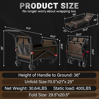 LEVELEVE Heavy Duty Folding Wagon-2-in-1 Collapsible Cart, 400lb Capacity, All-Terrain Wheels w/Brakes & Side Pockets