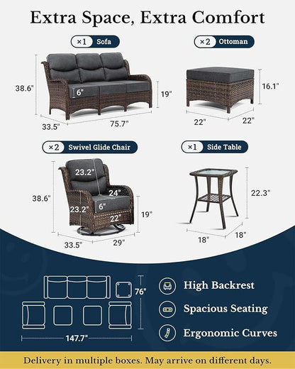 HILLGA Luxury Patio Furniture Set with 6-inch Thick Cushion, Outdoor Couch and High Back Swivel Rocker Patio Chairs, 6PCS Wicker Conversation Set for Deck Yard and Poolside, Dark Grey (V2)