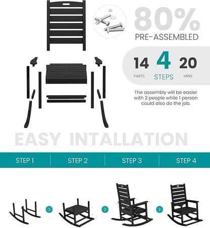 SERWALL Outdoor Rocking Chair Set of 2, Oversized Rocking Chair with Footboard for Adults, HDPE All Weather Rocking Chairs for Patio, 350lbs Weight Capacity, Black